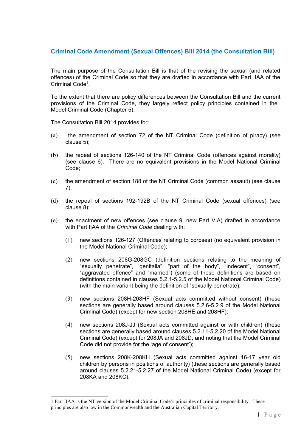 Criminal Code Amendment (Sexual Offences) Bill 2014 Summary Paper