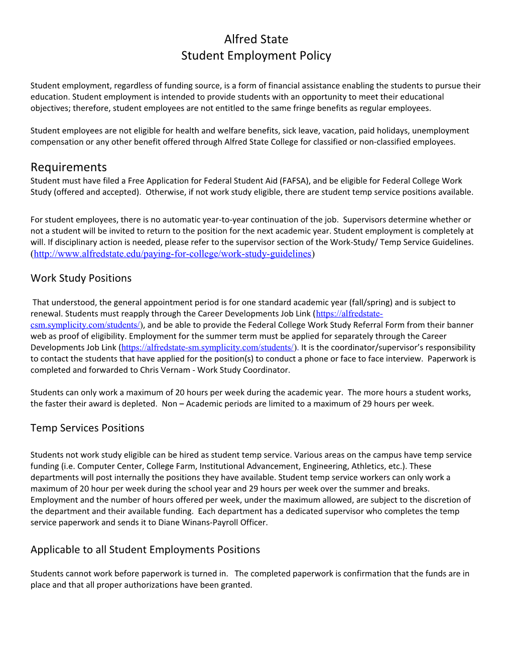 Student Employment Policy