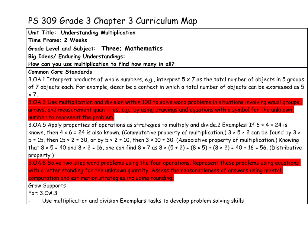 PS 309 Grade 3 Chapter 3 Curriculum Map