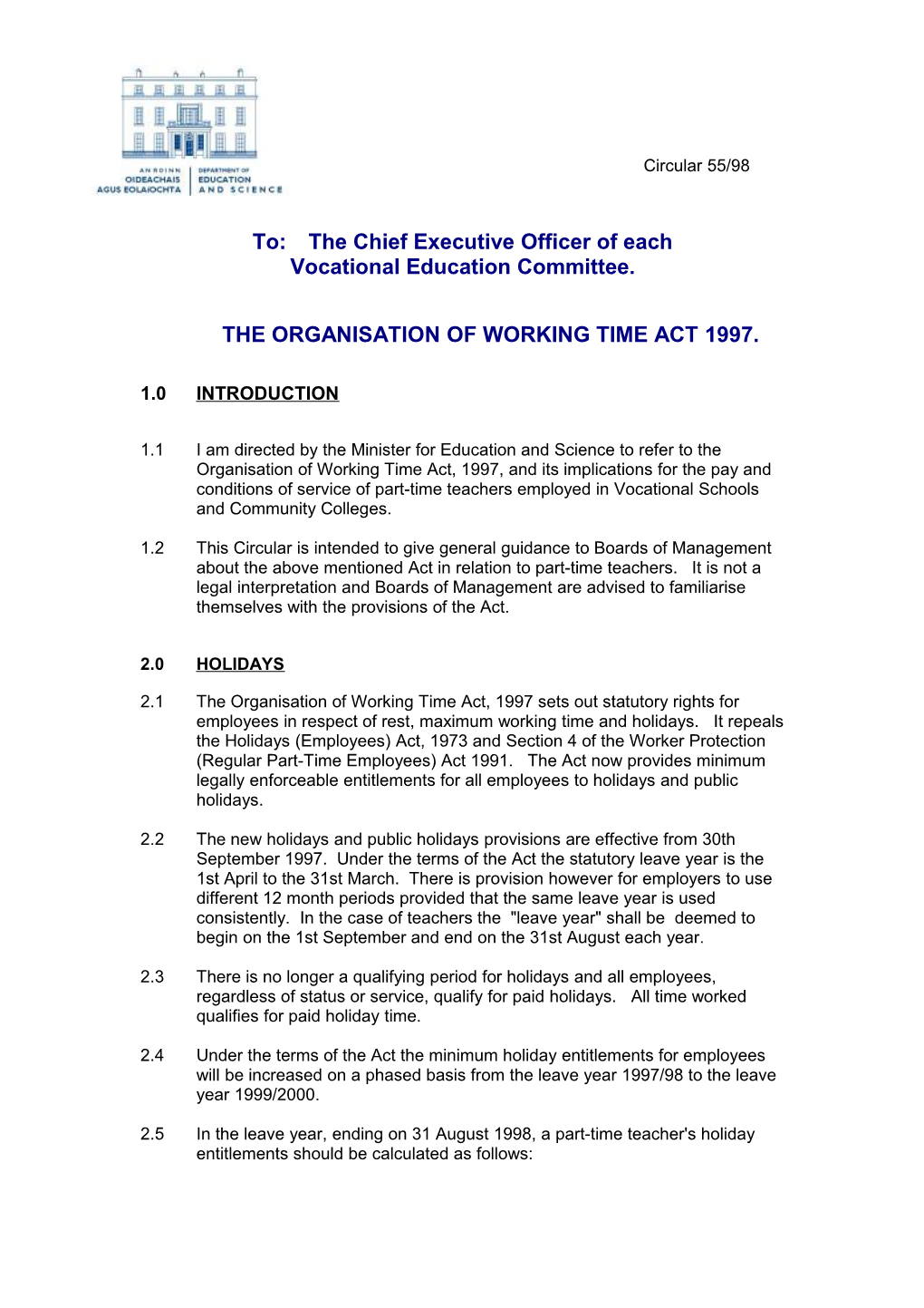 Circular 55/98 Organistion of Working Time Act, 1997 (Word Format 41KB)