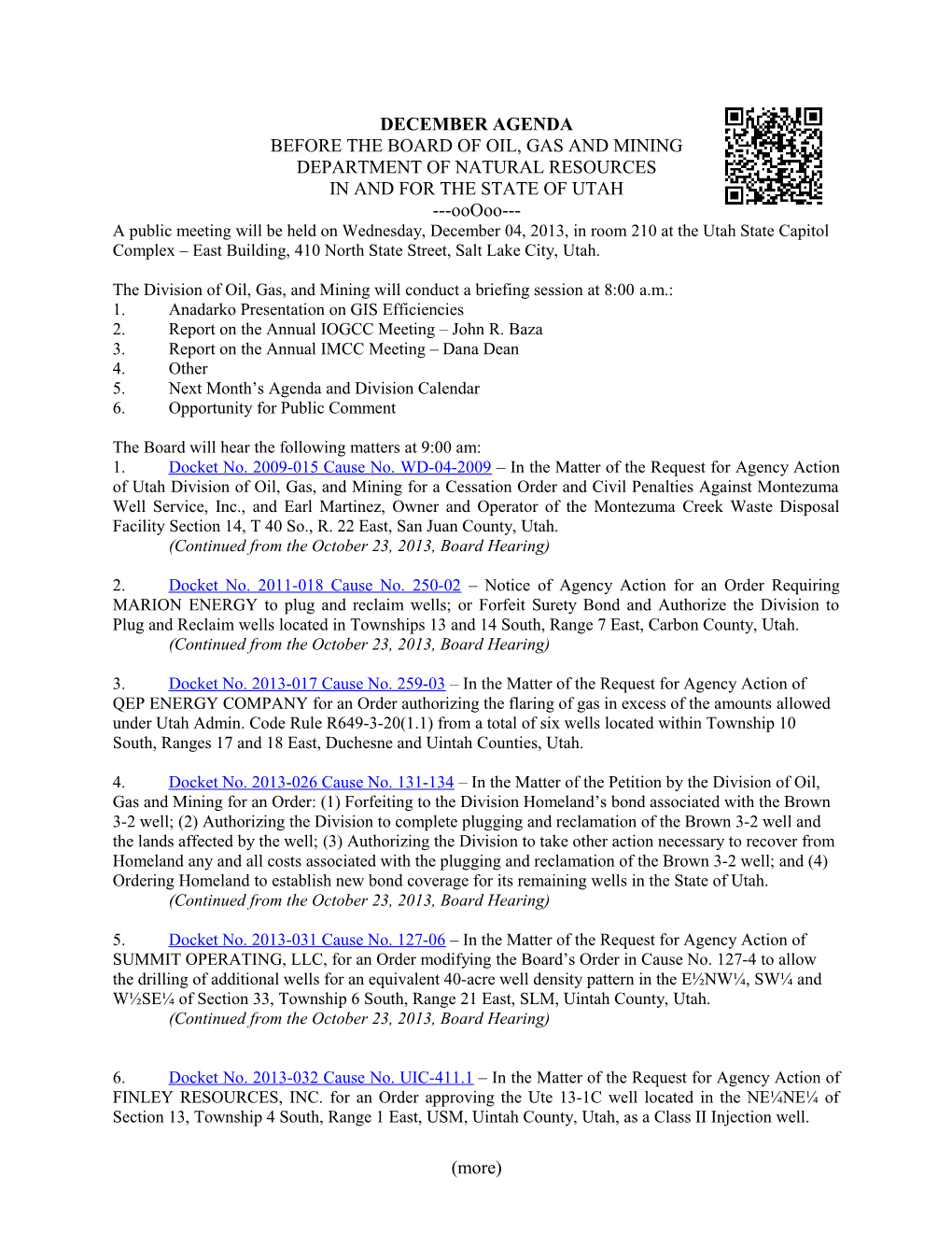 Board Agenda for December 4, 2013