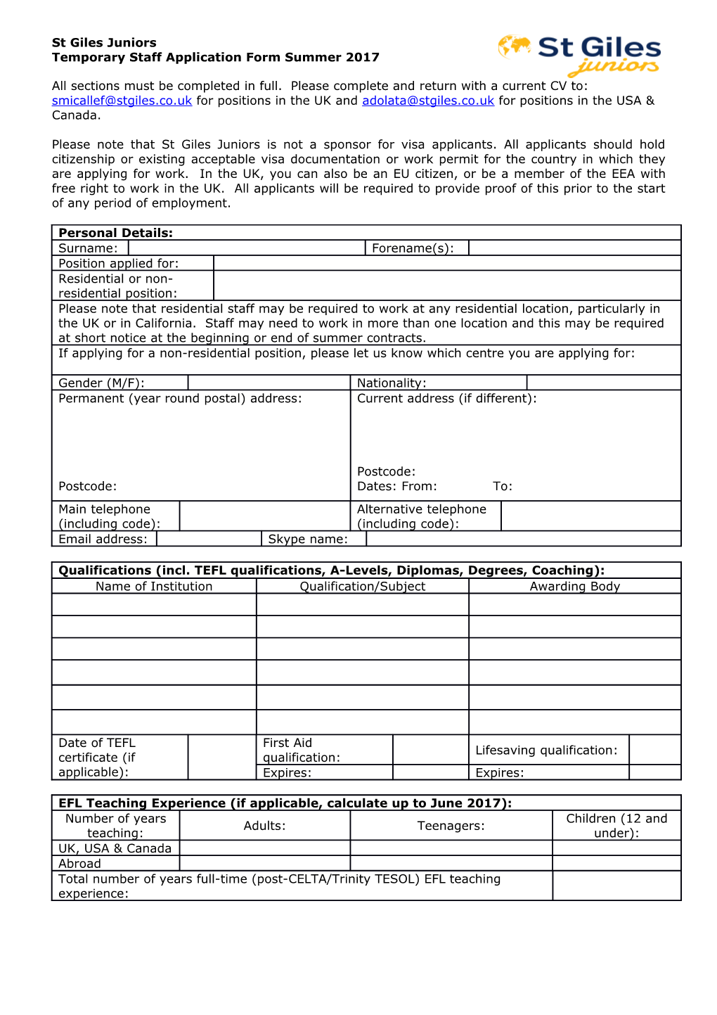 Temporary Staff Application Form Summer 2017