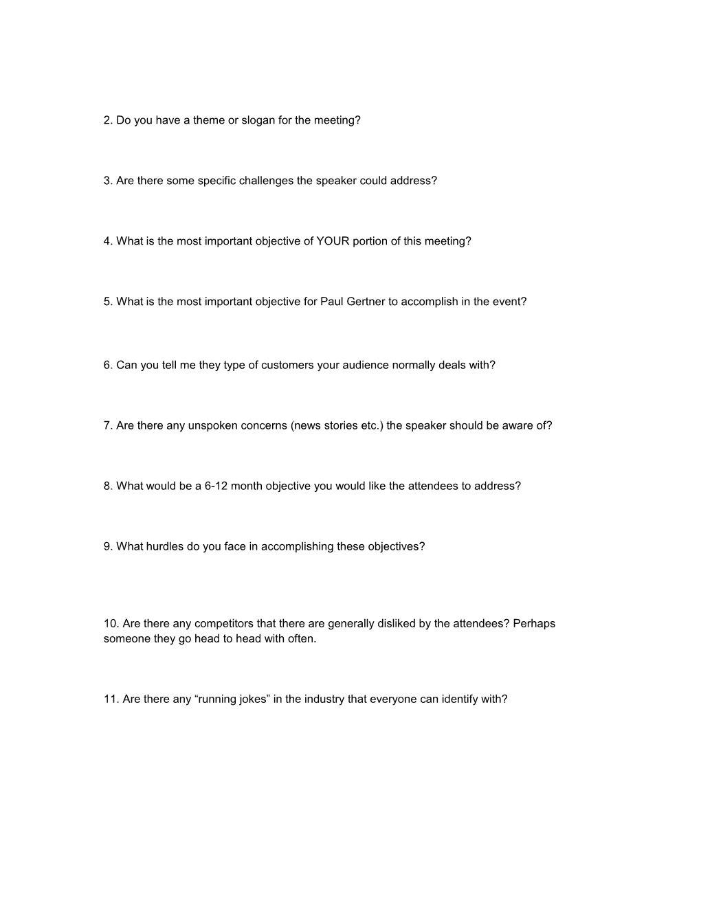 Pre-Program Client Questionnaire Keynote & After Dinner Programs