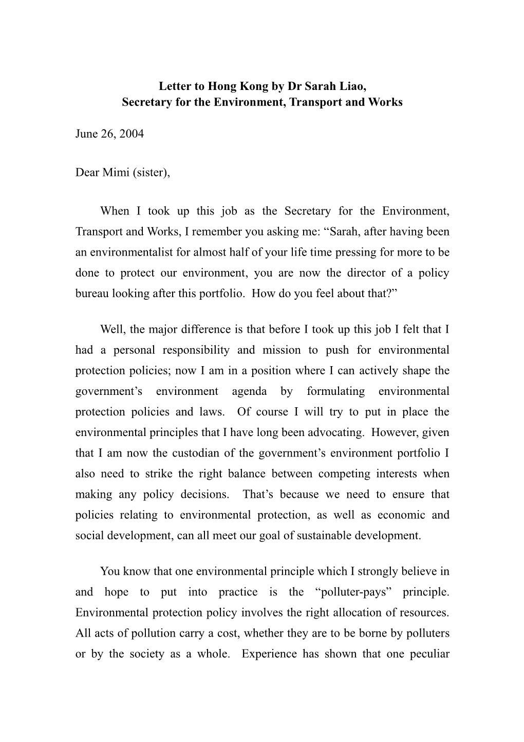 Letter to Hong Kong by Dr Sarah Liao, Secretary for the Environment, Transport and Works