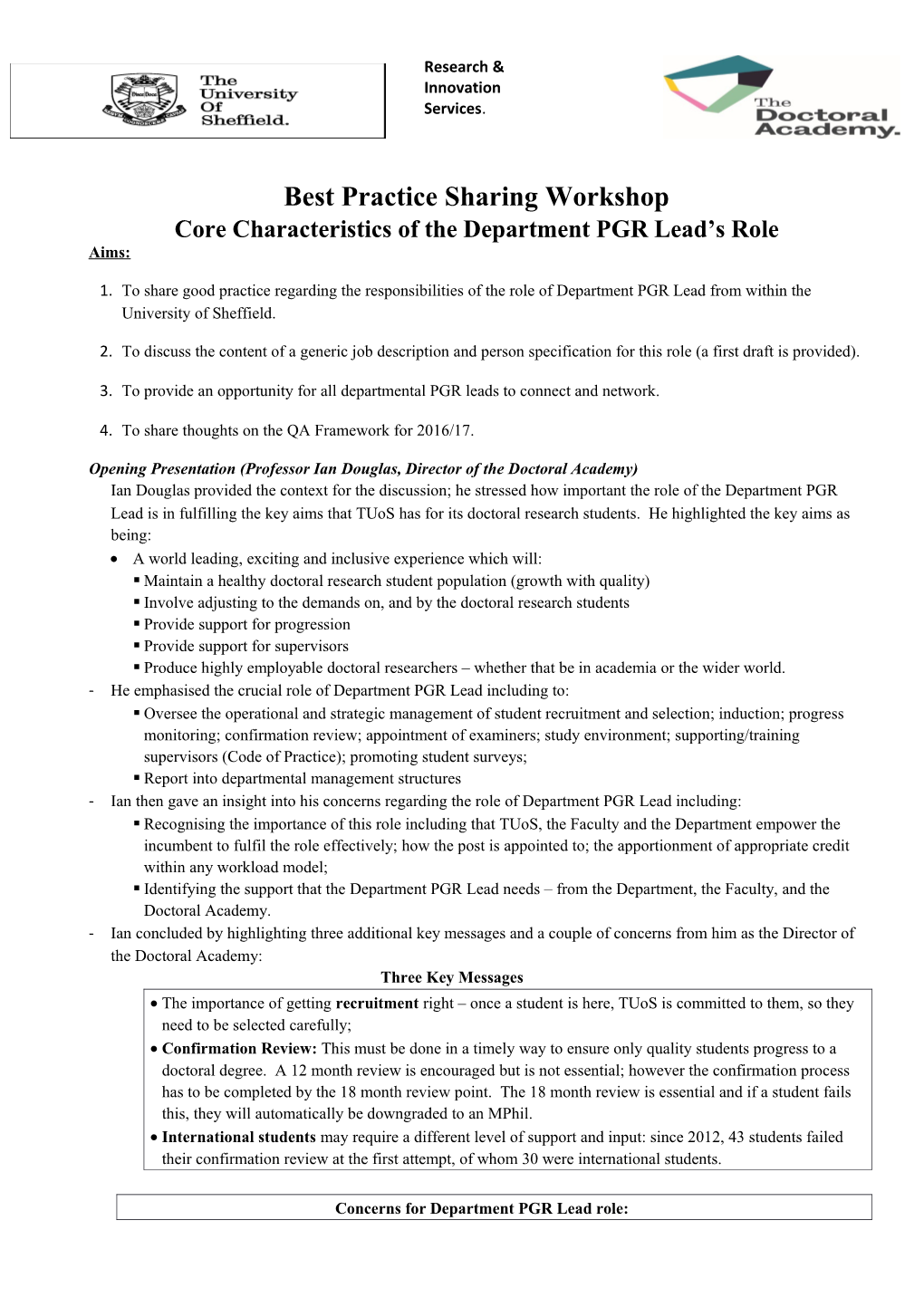 Core Characteristics of the Department PGR Lead S Role