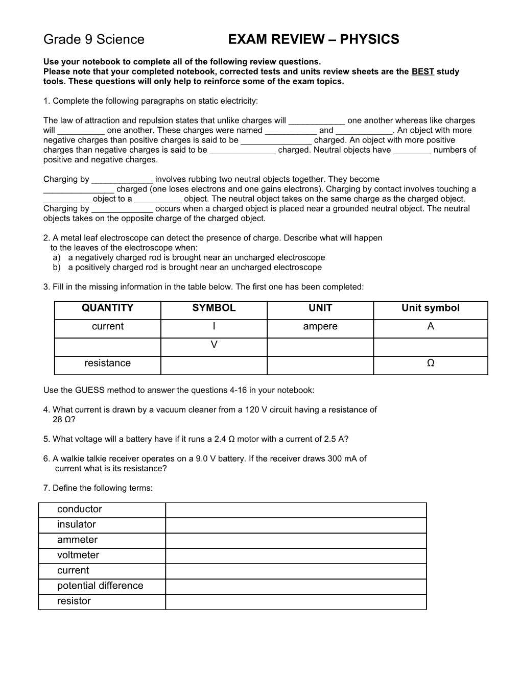 Grade 9 Science EXAM REVIEW PHYSICS