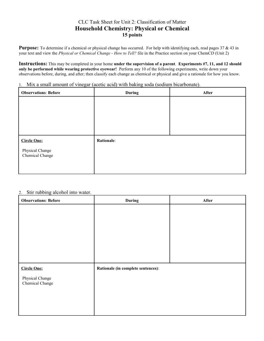 CLC Task Sheet for Unit 2: Classification of Matter
