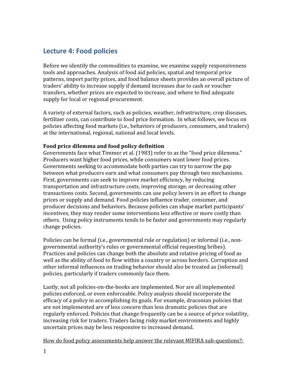 Food Price Dilemma and Food Policy Definition