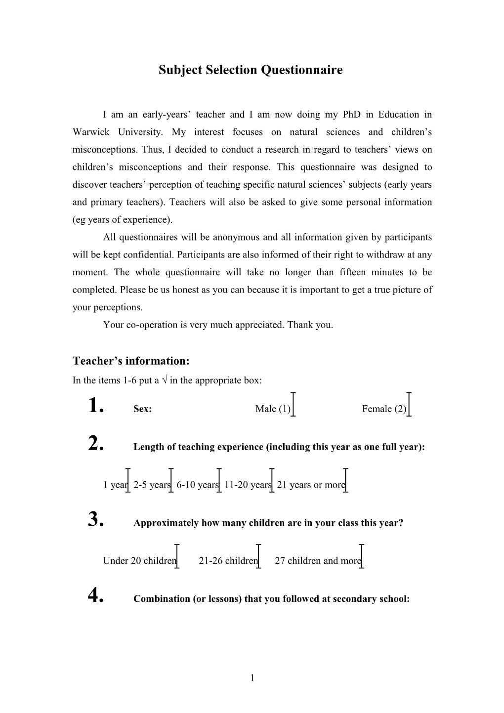 Subject Selection Questionnaire