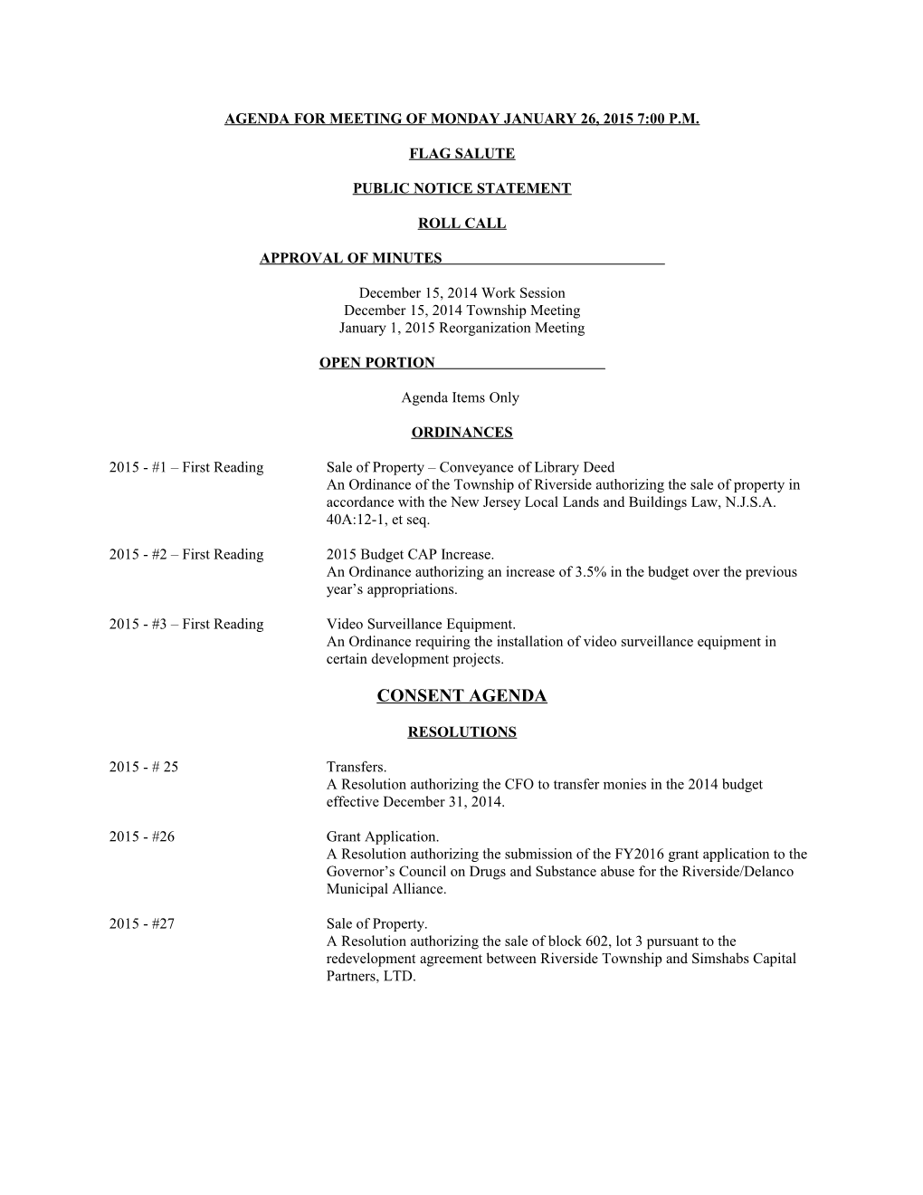 AGENDA for MEETING of WEDNESDAY NOVEMBER 22, 2006 7:30Pm