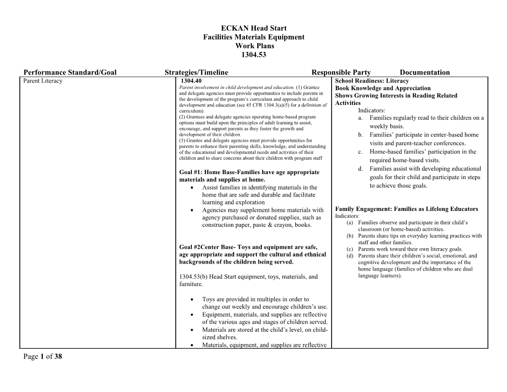 Performance Standard/Goal Strategies/Timeline Responsible Party Documentation