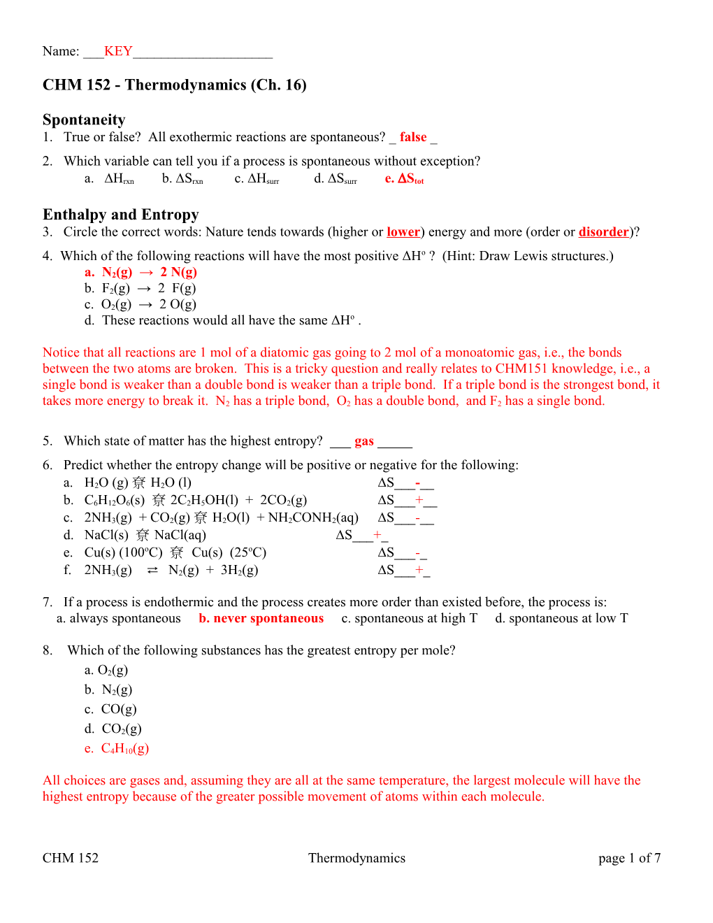 CHM 152 - Thermodynamics (Ch. 16)