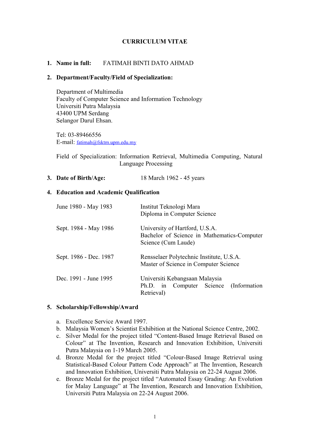 2.Department/Faculty/Field of Specialization