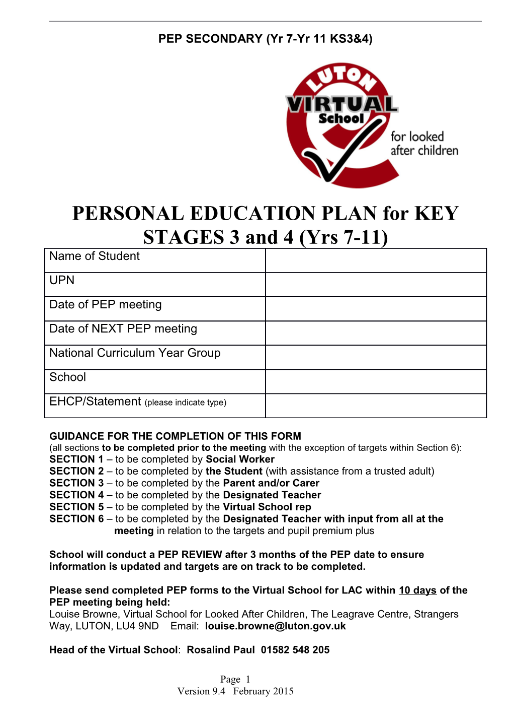 PERSONAL EDUCATION PLAN for KEY STAGES 3 and 4 (Yrs 7-11)