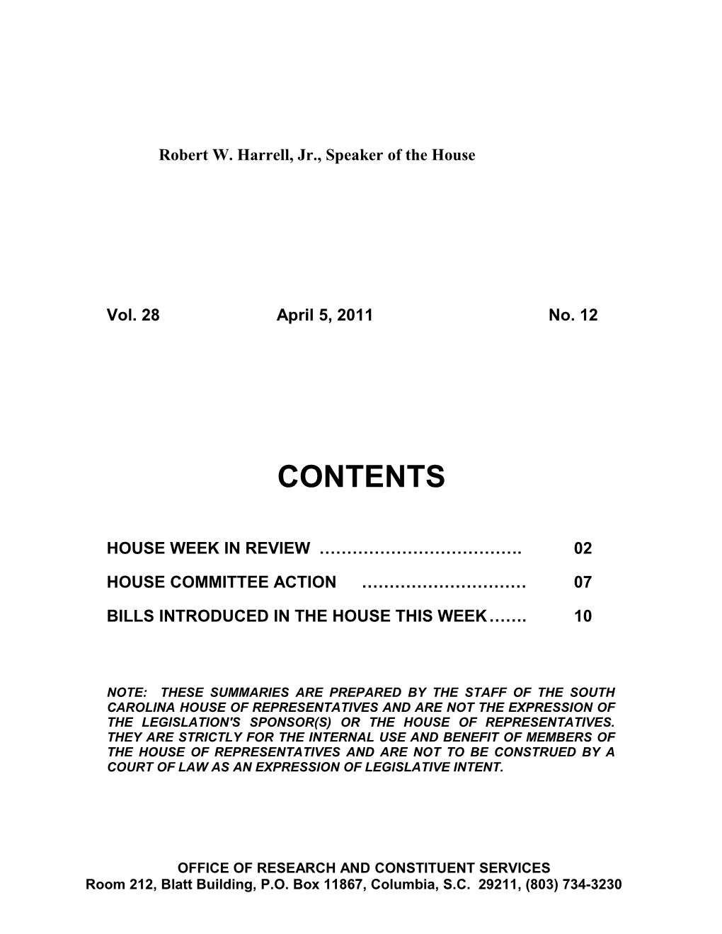 Legislative Update - Vol. 28 No. 12 April 5, 2011 - South Carolina Legislature Online