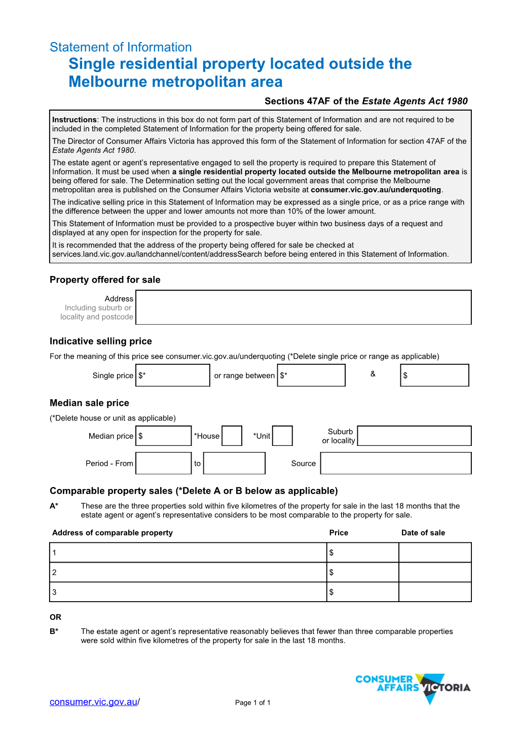 Statement of Information - Single Residential Property Located Outside the Metropolitan Area