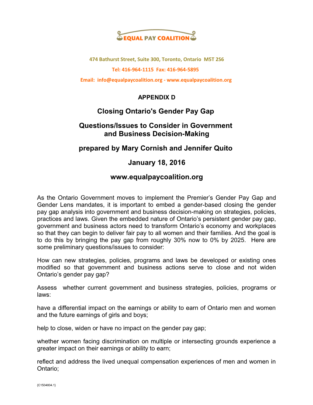 Appendix D - Closing Ontario's Gender Pay Gap: Questions/Issues to Consider in Government