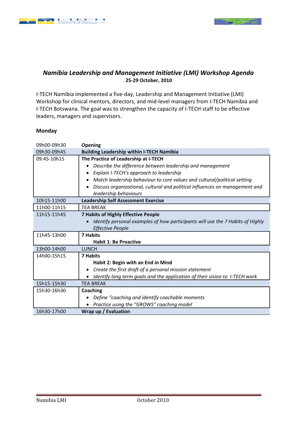 Namibia Leadership and Management Initiative (LMI) Workshop Agenda