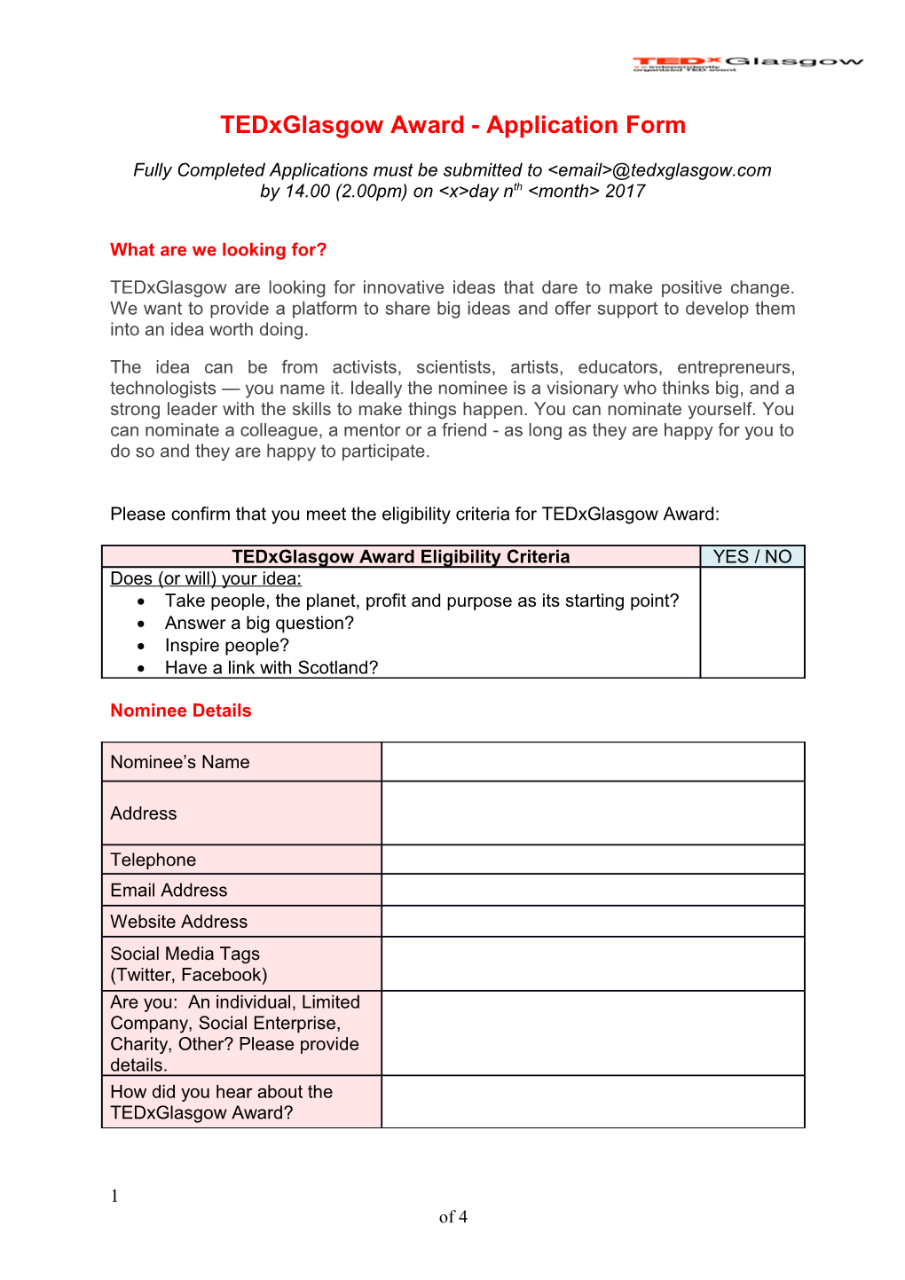 Tedxglasgow Award - Application Form
