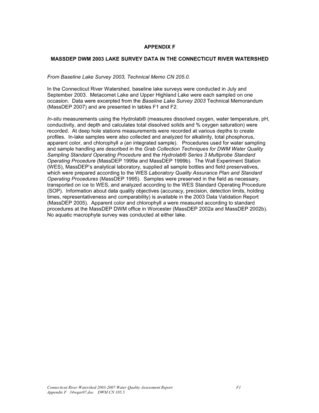 Massdep Dwm 2003 Lake Survey Data in the Connecticut River Watershed