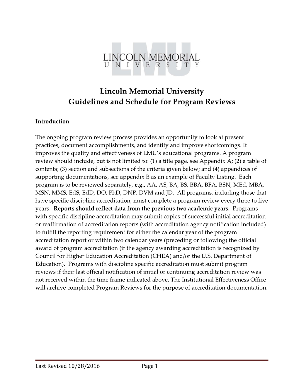 Guidelines and Schedule for Program Reviews