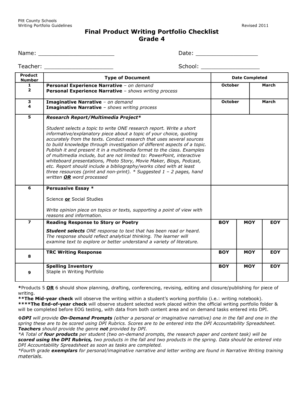 Final Portfolio Checklist Grade 4