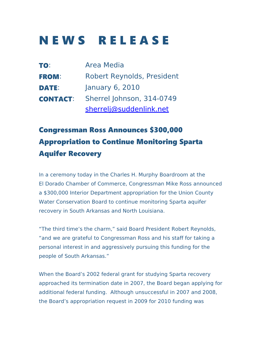 Congressman Ross Announces $300,000 Appropriation to Continue Monitoring Sparta Aquifer