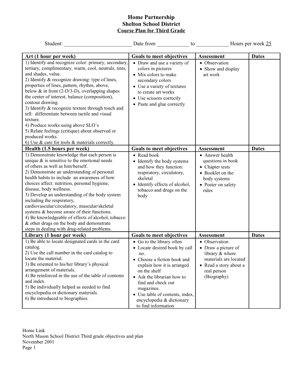 Course Plan for Third Grade