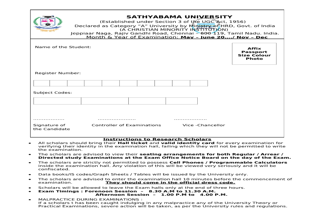 Sathyabama University Form 2 C