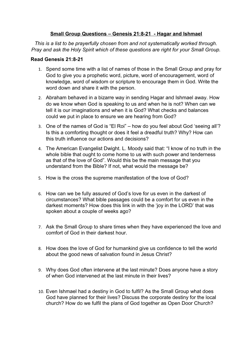 Small Group Questions Genesis 21:8-21 - Hagar and Ishmael