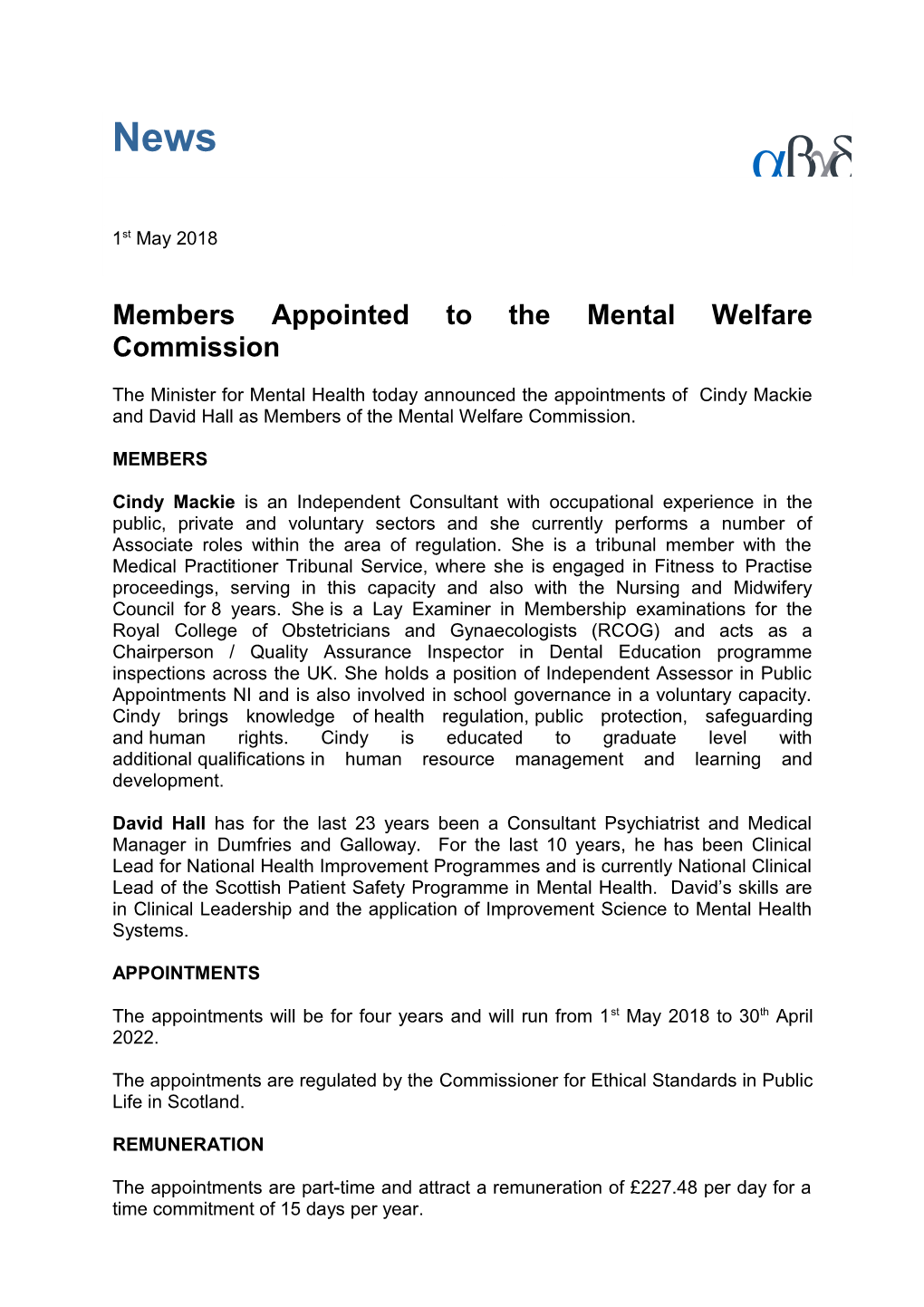 Membersappointed to the Mental Welfare Commission