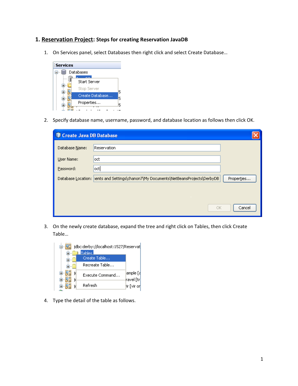 1. Reservation Project: Steps for Creating Reservation Javadb