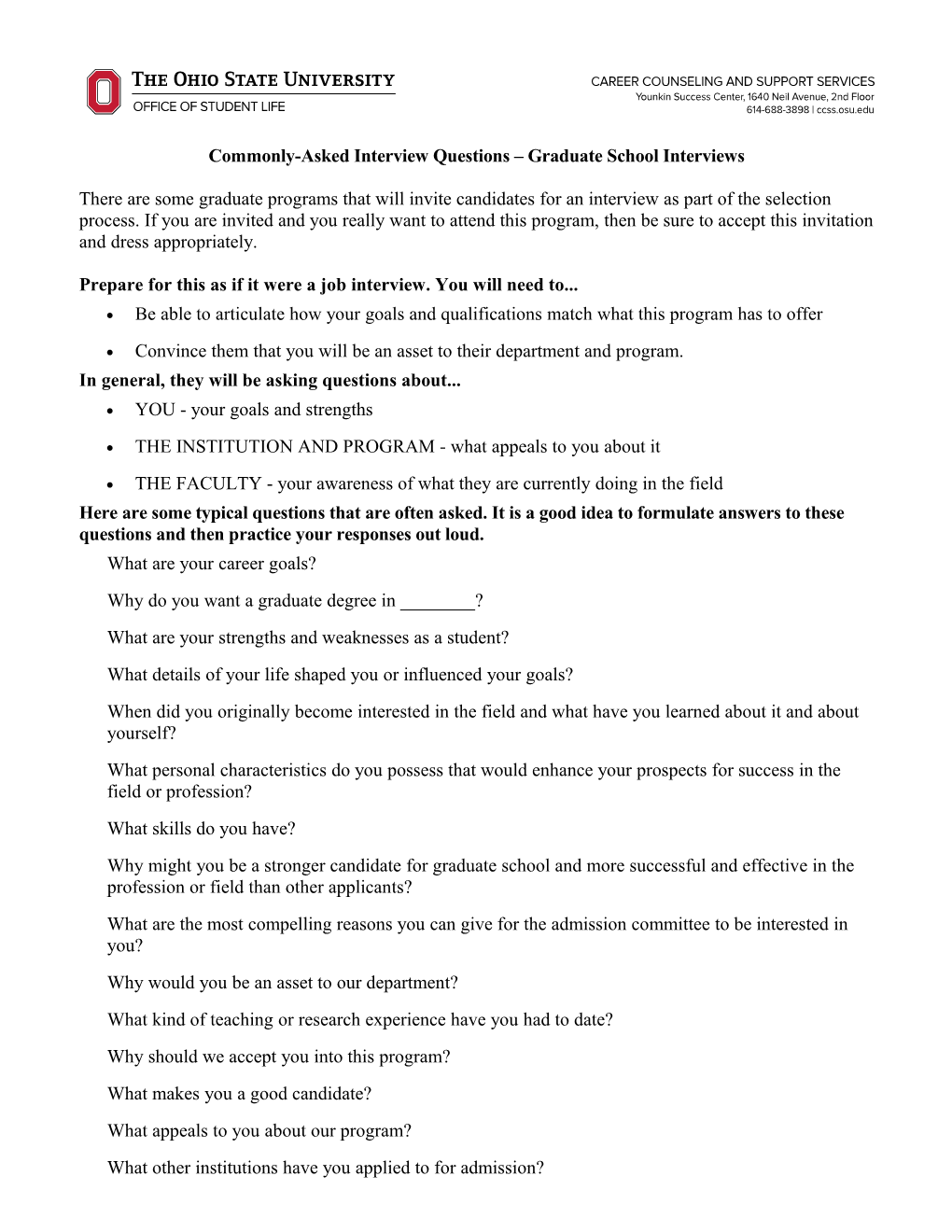Commonly-Asked Interview Questions Graduate School Interviews