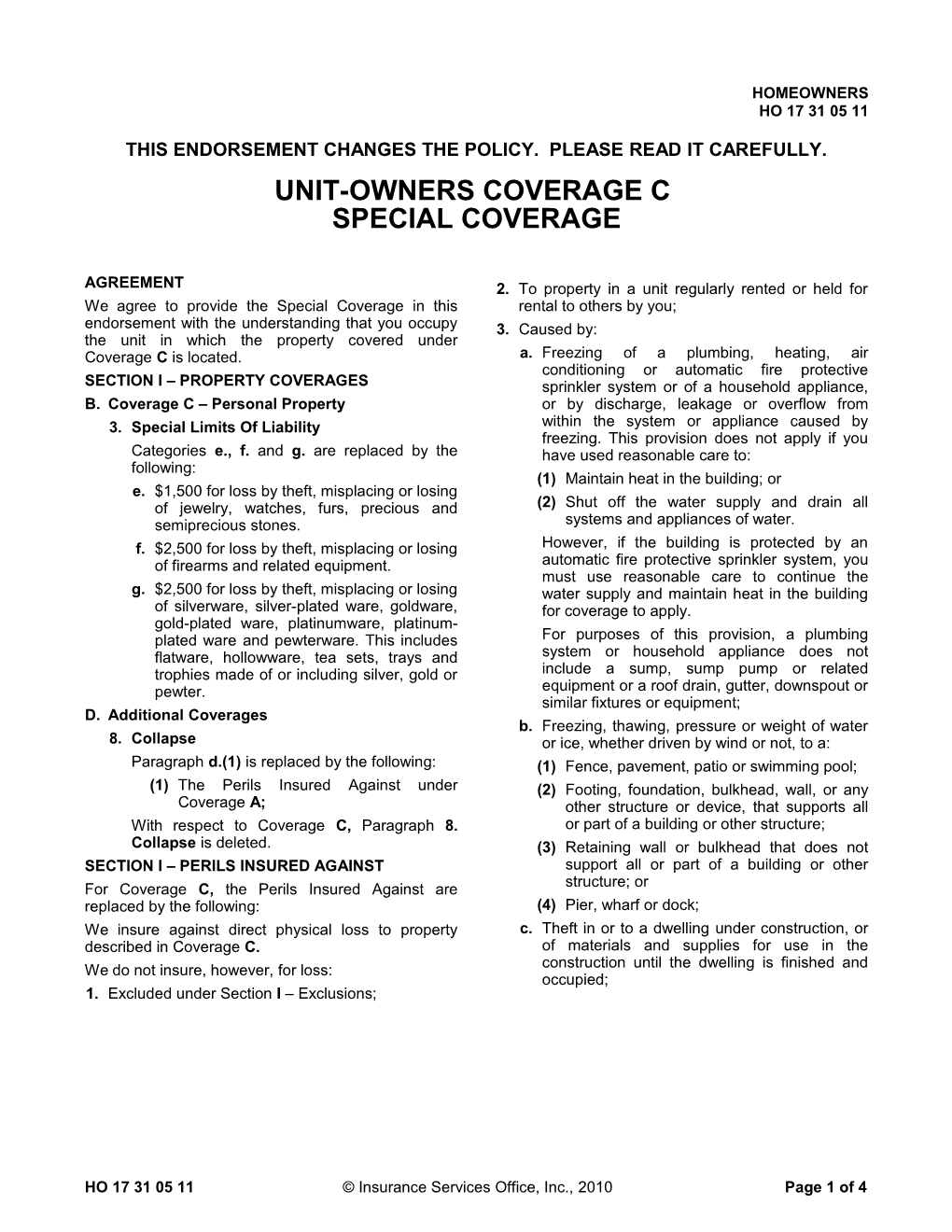 Unit-Owners Coverage C Special Coverage
