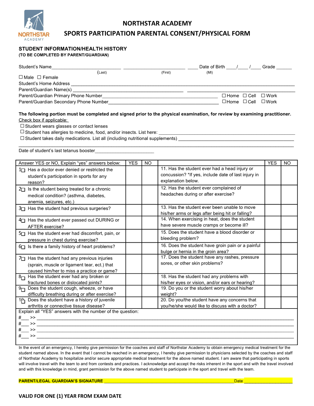 Sports Participation Parental Consent/Physical Form