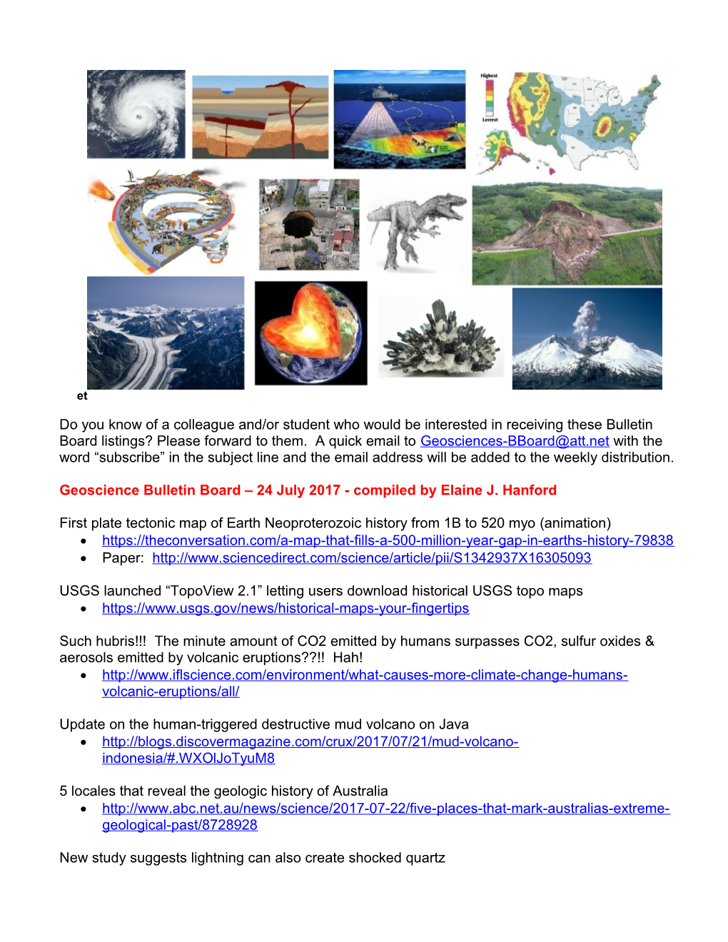 Geoscience Bulletin Board 24 July 2017- Compiled by Elaine J. Hanford