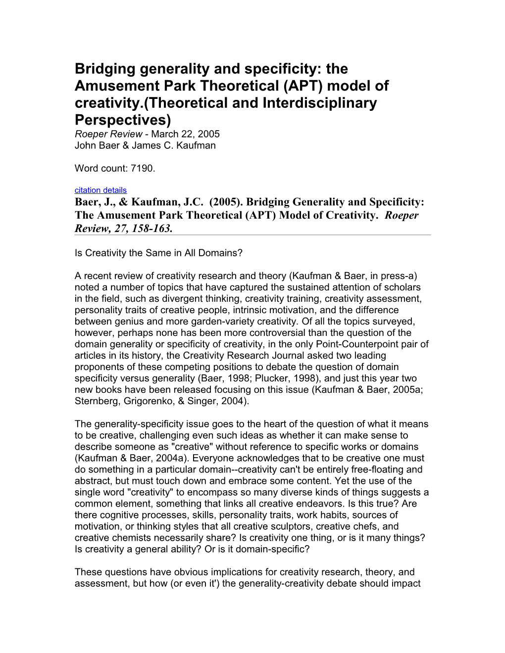 Bridging Generality and Specificity: the Amusement Park Theoretical (APT) Model Of