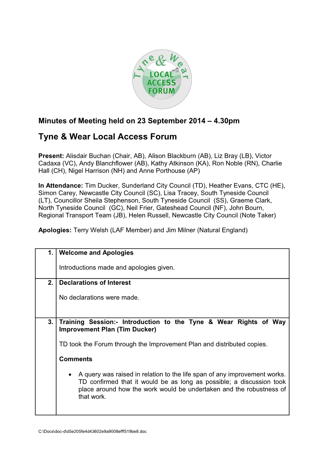 Minutes of Meeting Held on 23 September 2014 4.30Pm