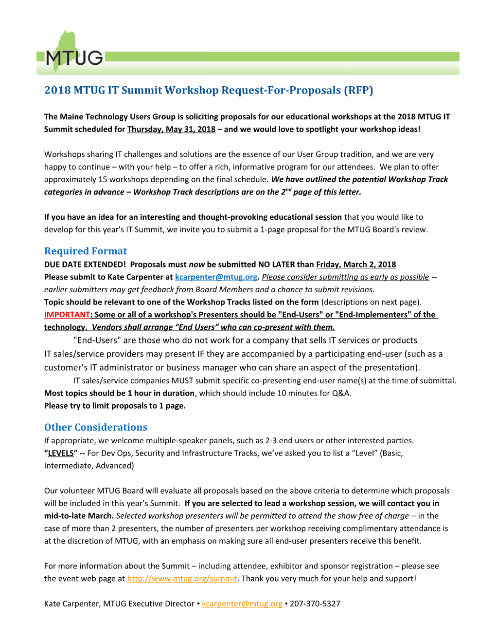 2018MTUG IT Summit Workshop Request-For-Proposals (RFP)