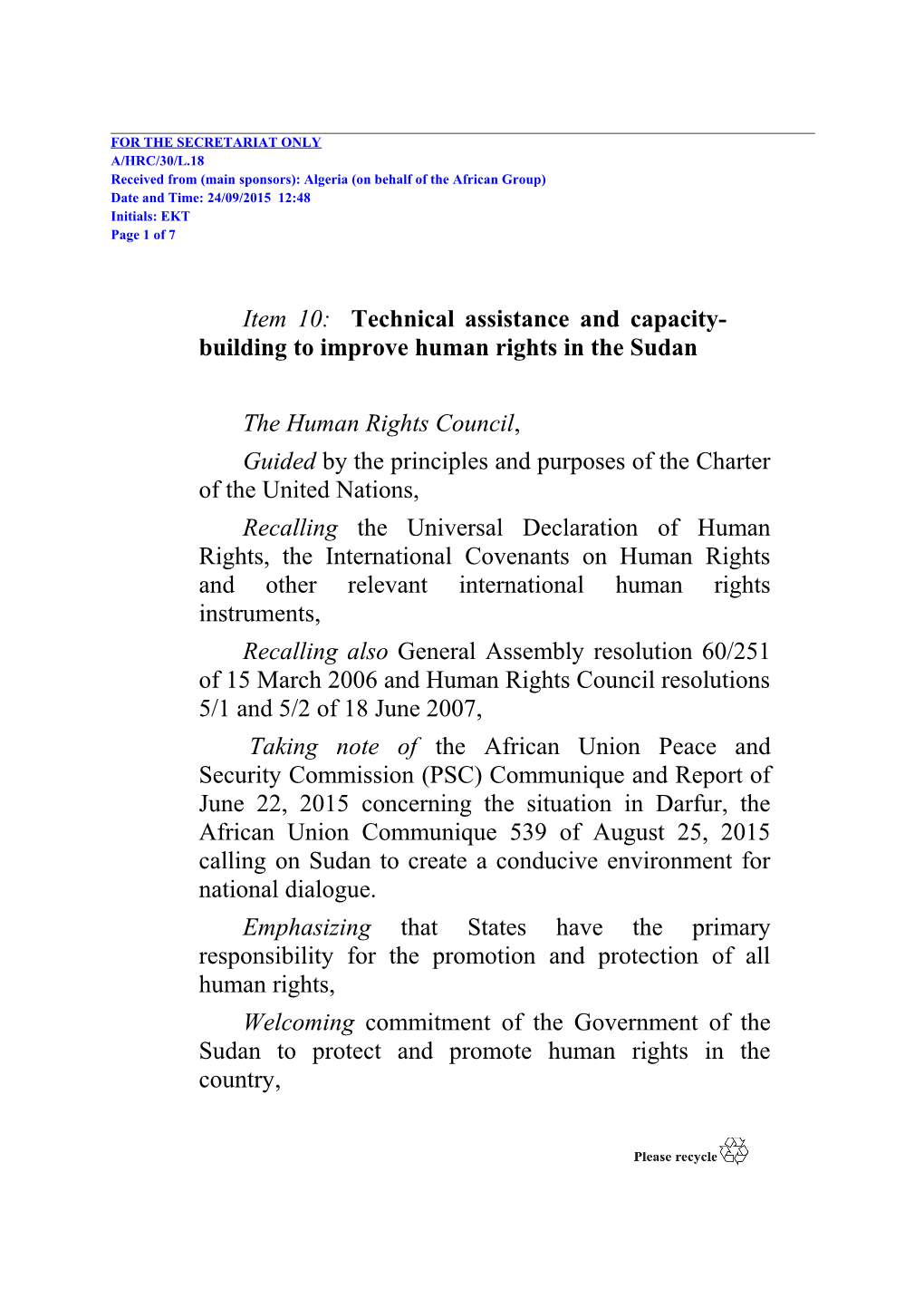 Item 10: Technical Assistance and Capacity-Building to Improve Human Rights in the Sudan