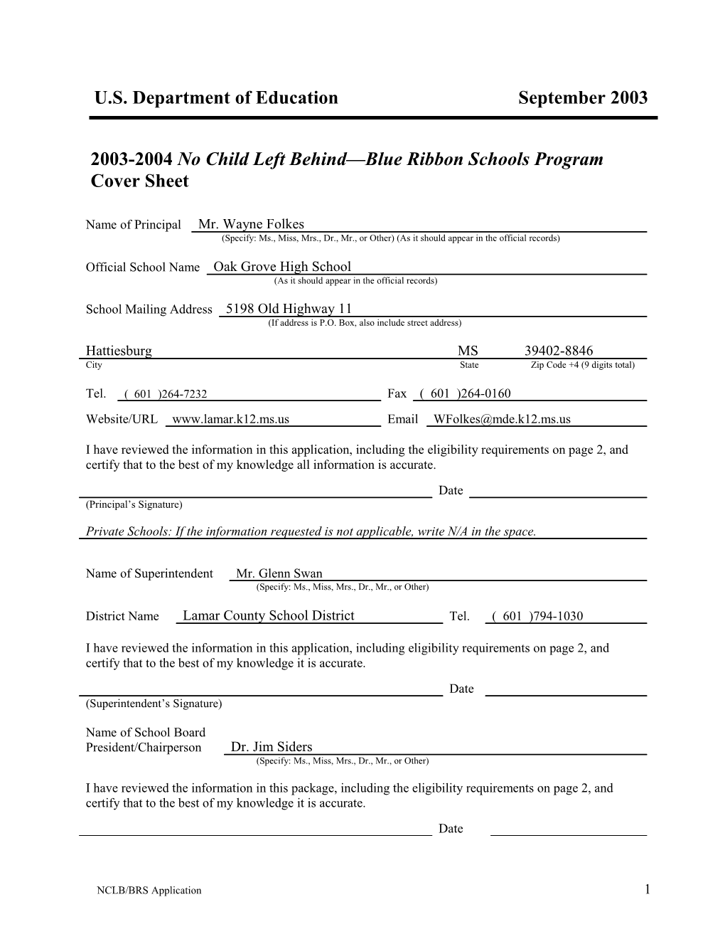 Oak Grove High School 2004 No Child Left Behind-Blue Ribbon School Application (Msword)