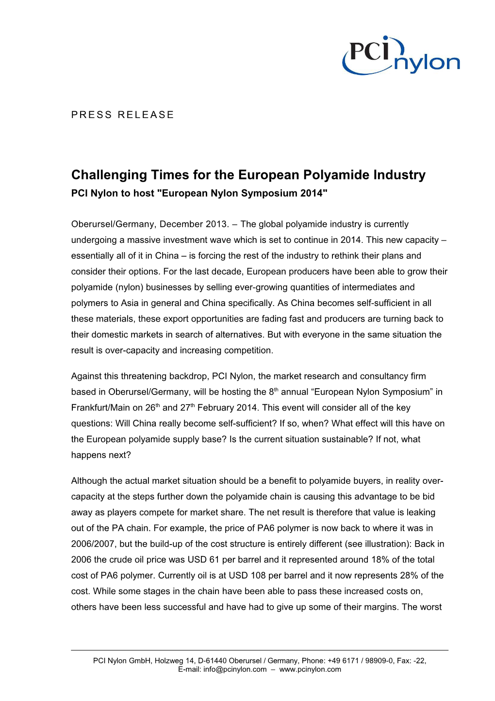 Challenging Times for the European Polyamide Industry