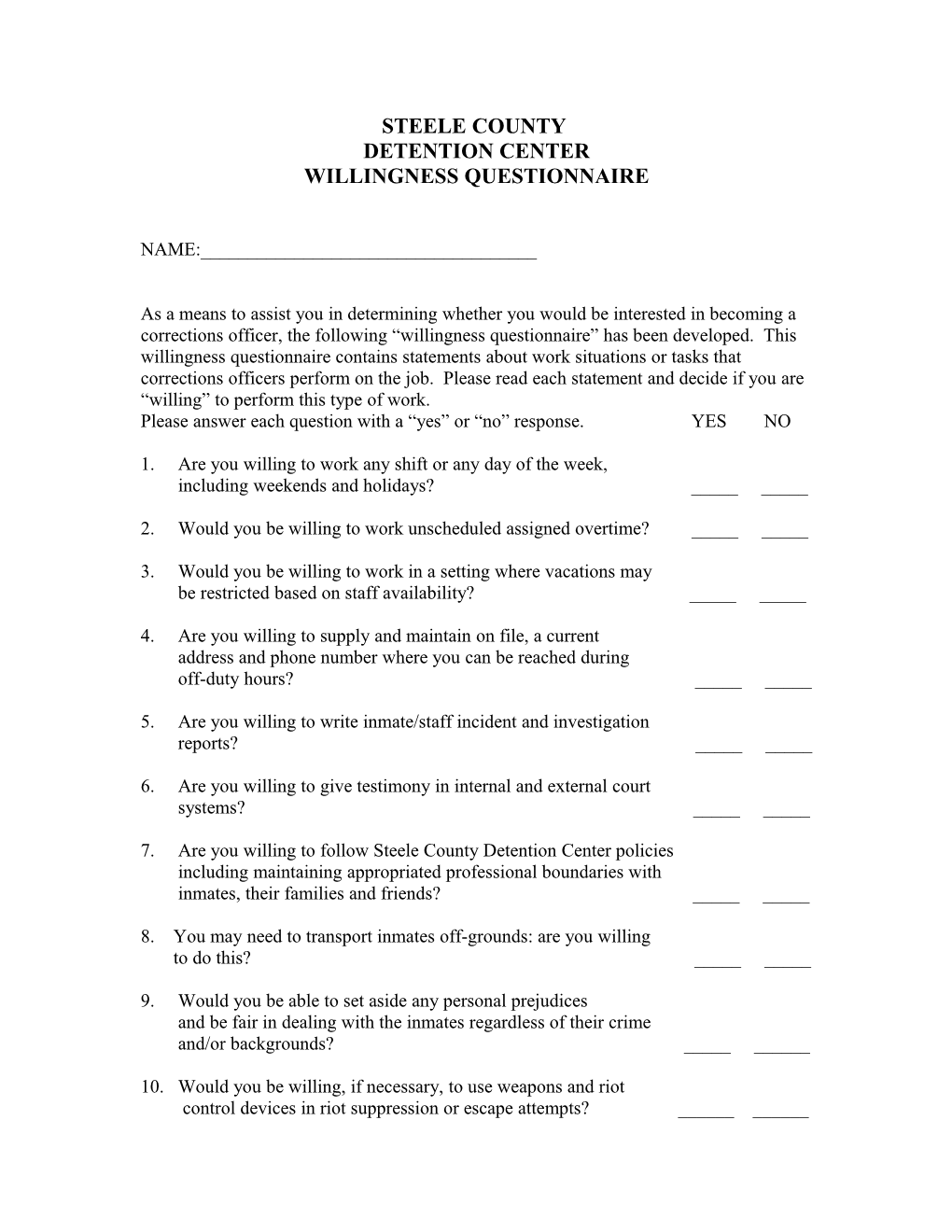 Willingness Questionnaire