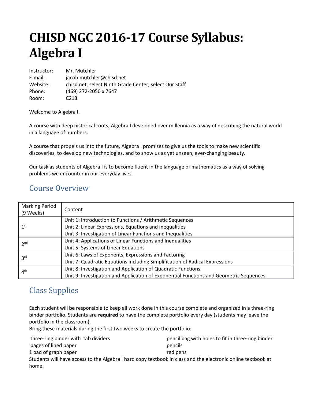 CHISD NGC 2016-17 Course Syllabus: Algebra I