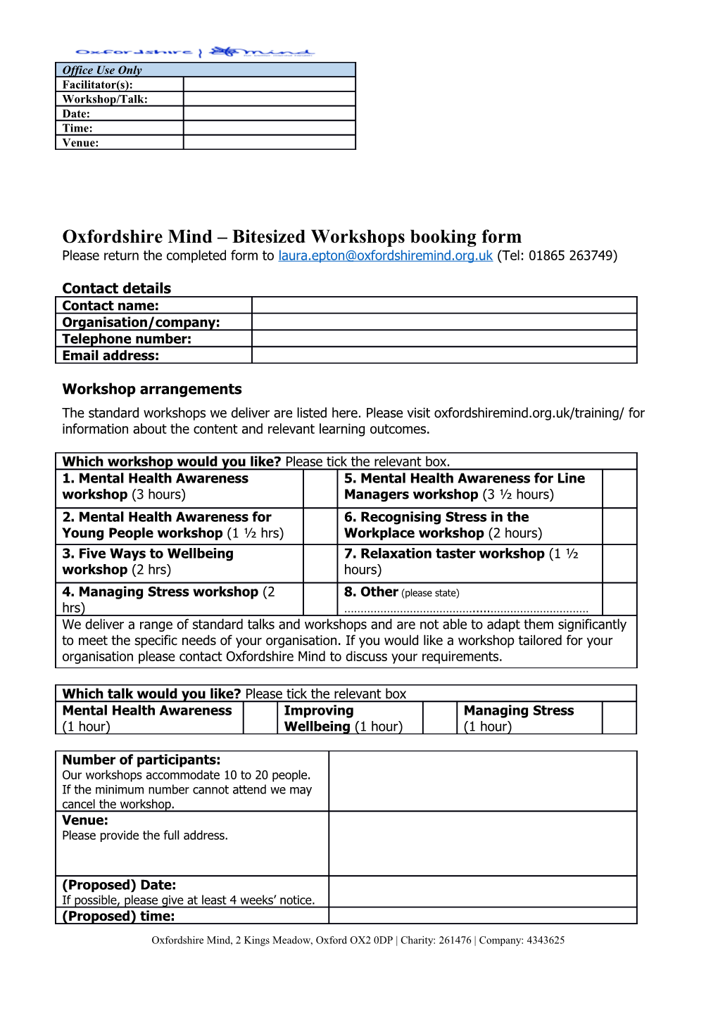 Oxfordshire Mind Bitesized Workshops Booking Form
