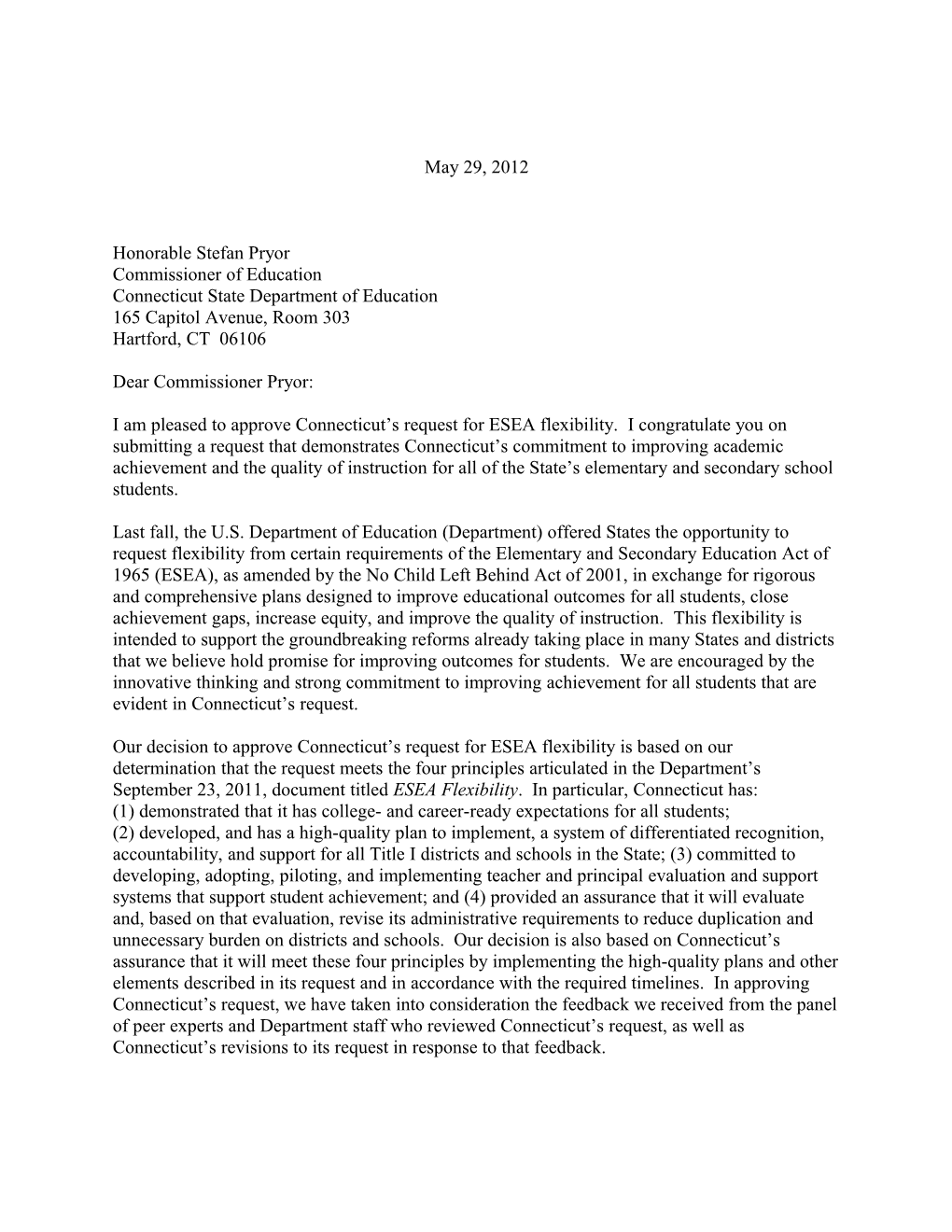Connecticut: ESEA Flexibility Requests, Secretary's Approval Letter May 29, 2012 (MS Word)