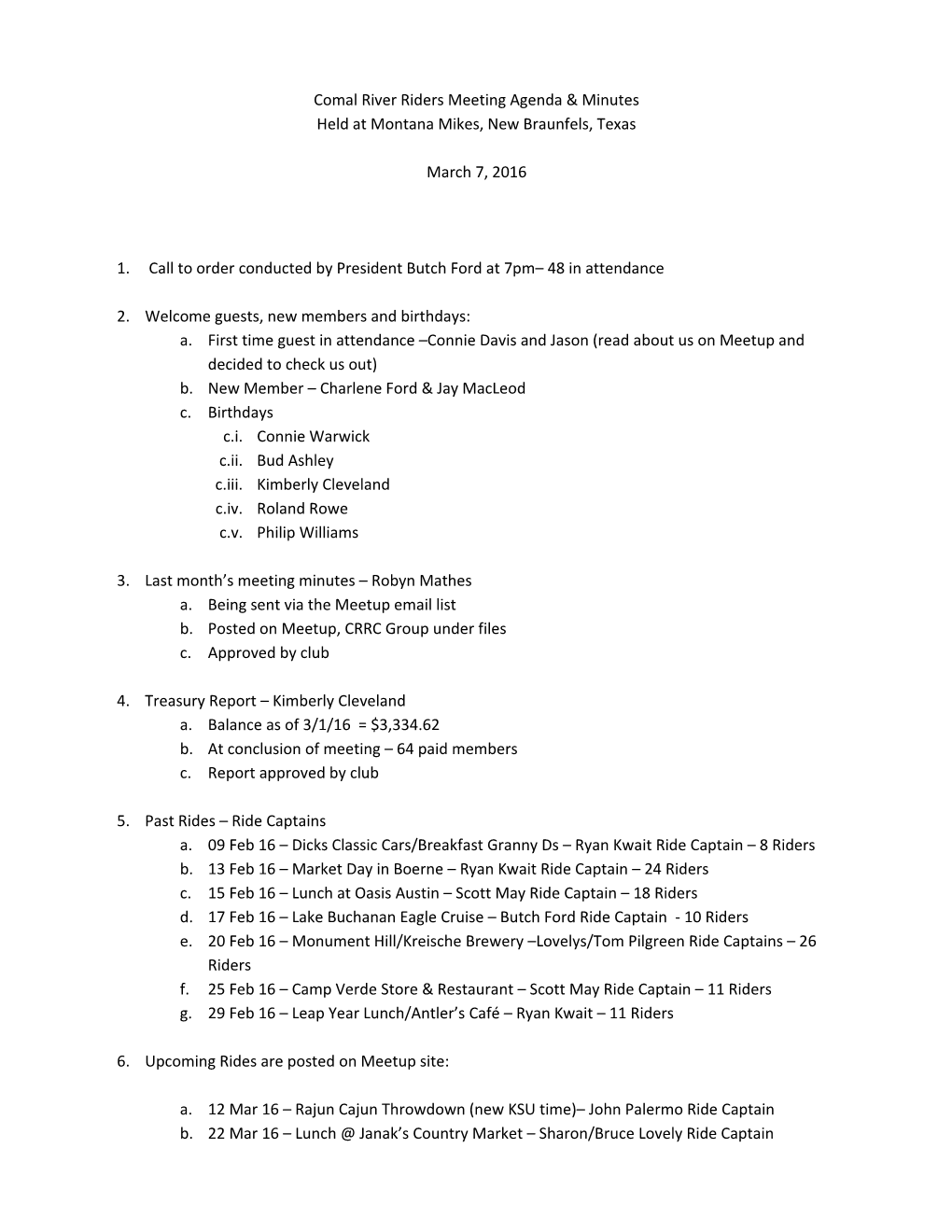 Comal River Riders Meeting Agenda & Minutes