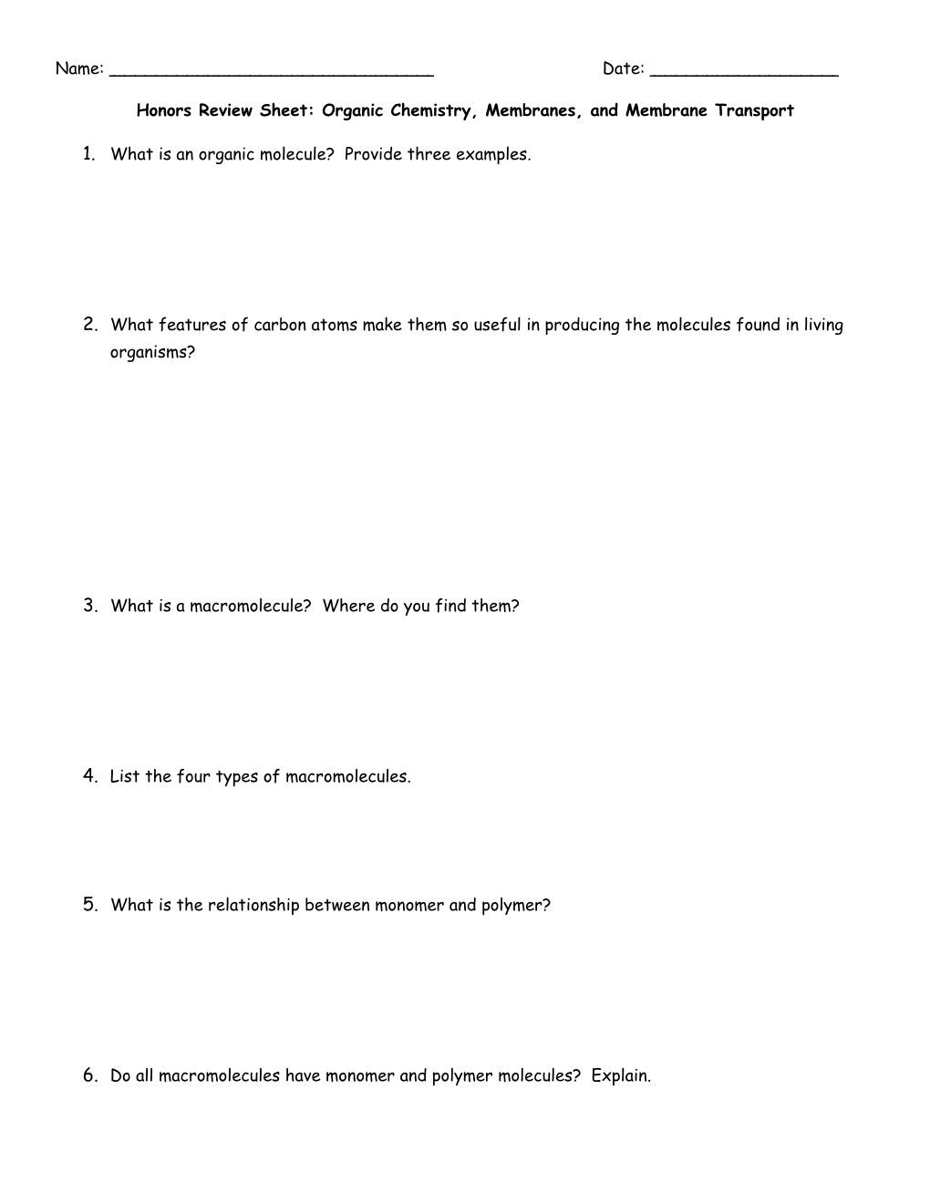 Honors Review Sheet: Organic Chemistry, Membranes, and Membrane Transport