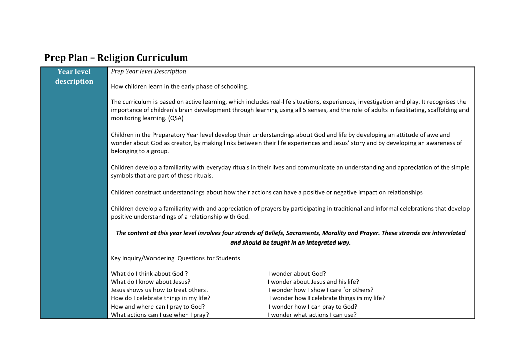 Prep Plan Religion Curriculum