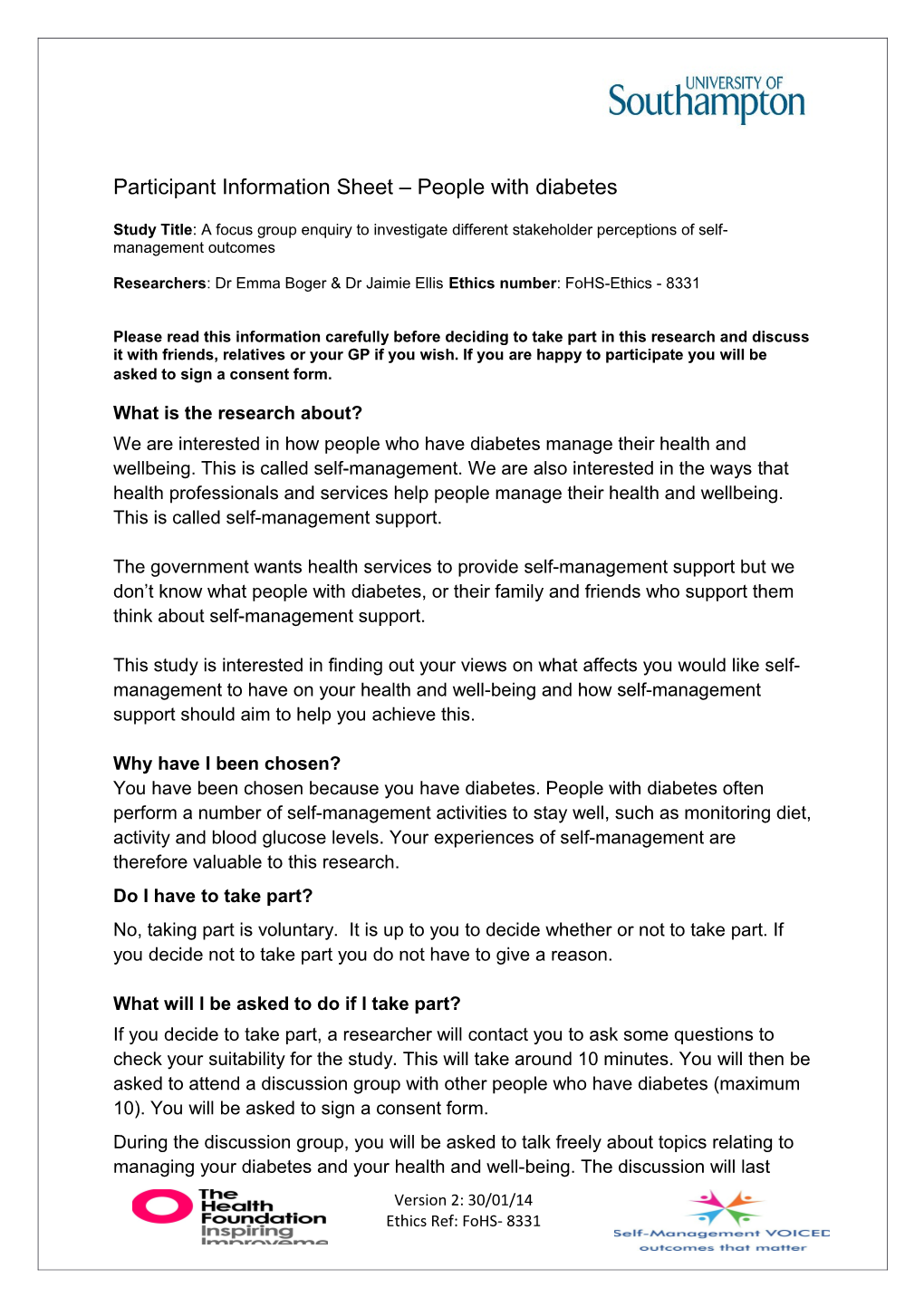 Participant Information Sheet People with Diabetes